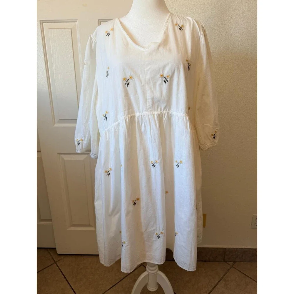 Polagram Dress 3XL Beige Floral Embroidered Lined Pockets Boho Midi
